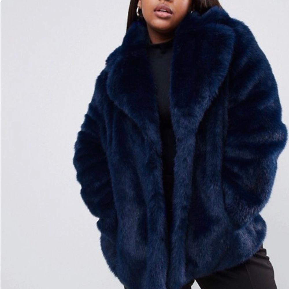 Navy Faux Fur Coat with Collar
